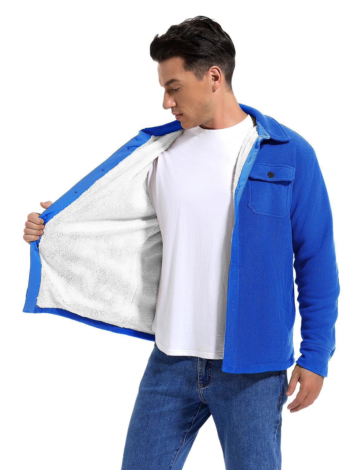 Puhope men's polar fleece shirt jacket dark blue sleeve cuffs add sporty finish.