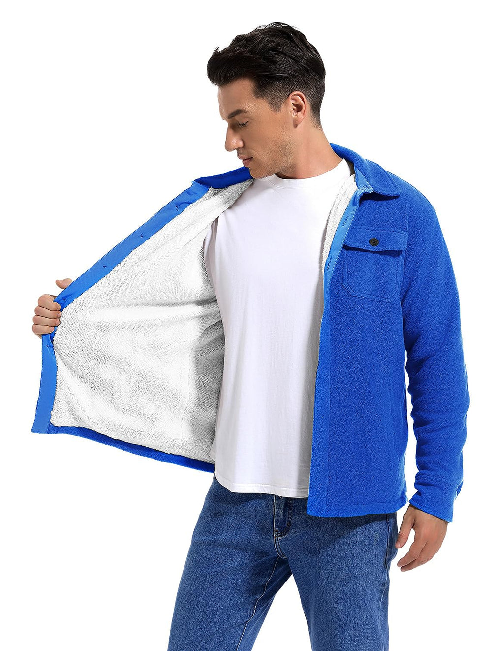 Puhope men's polar fleece shirt jacket dark blue sleeve cuffs add sporty finish.