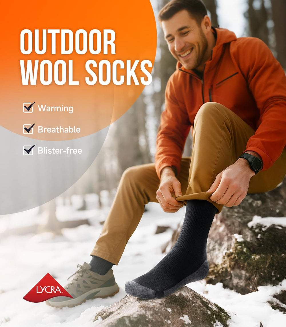 PULIOU merino-warm-socks 3-pack on-foot in winter-boots demonstrating warmth.