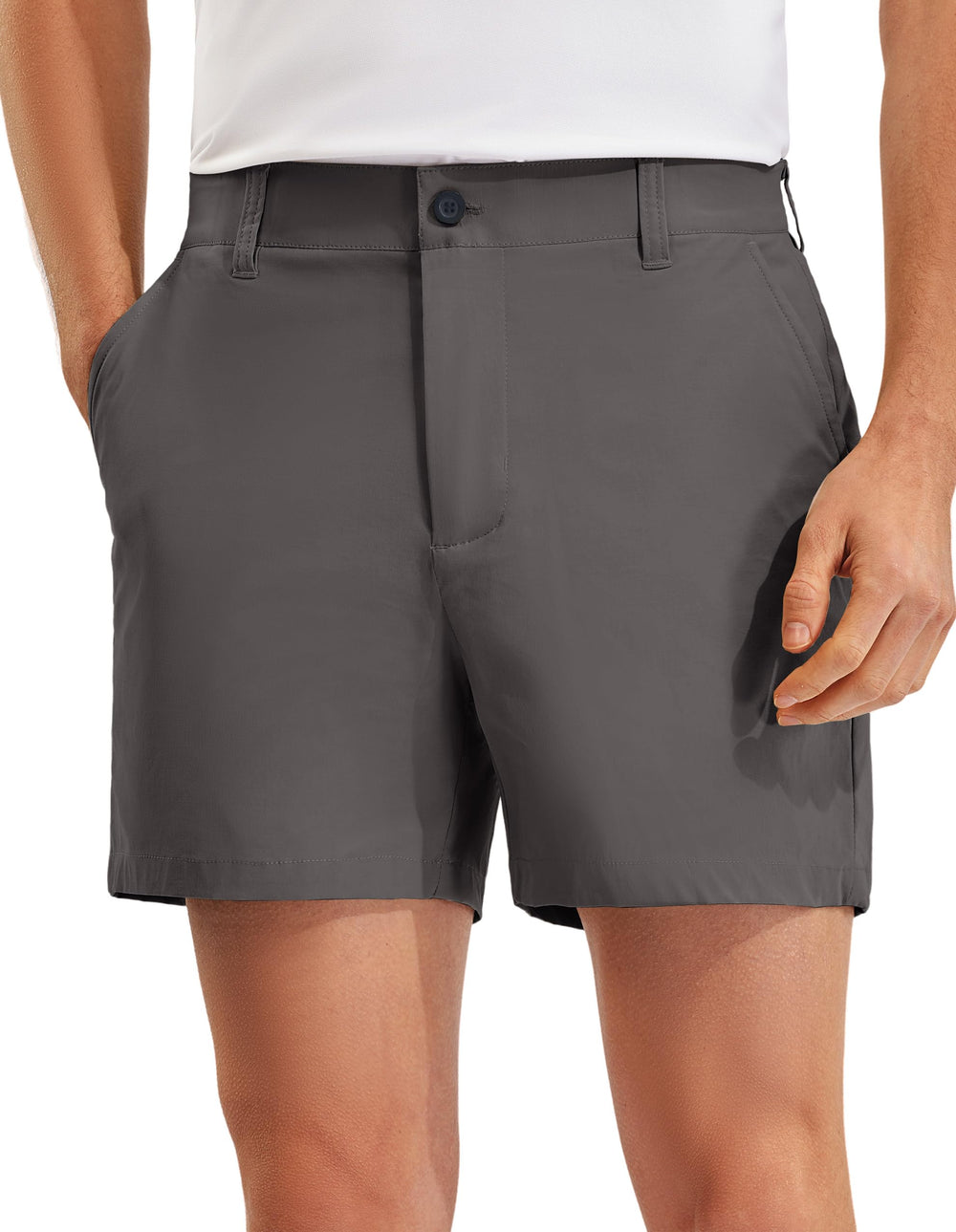 PULI golf shorts 7-inch inseam in action, emphasizing flexible movement on the course