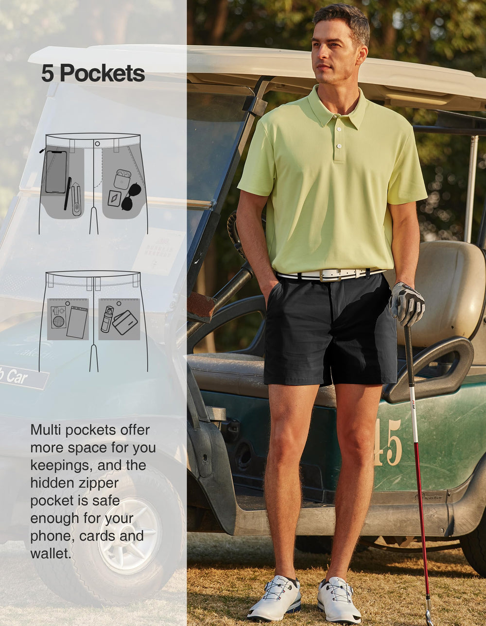 PULI golf shorts five-pocket layout with zippers and buttons for secure essentials.