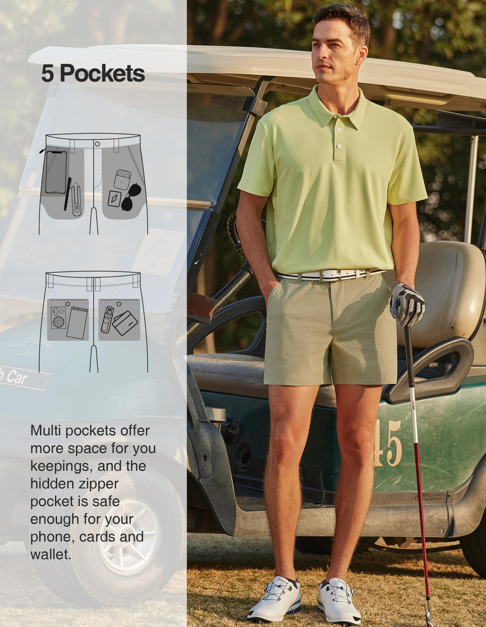 PULI golf shorts fabric texture reveals lightweight, breathable weave with moisture-wicking potential