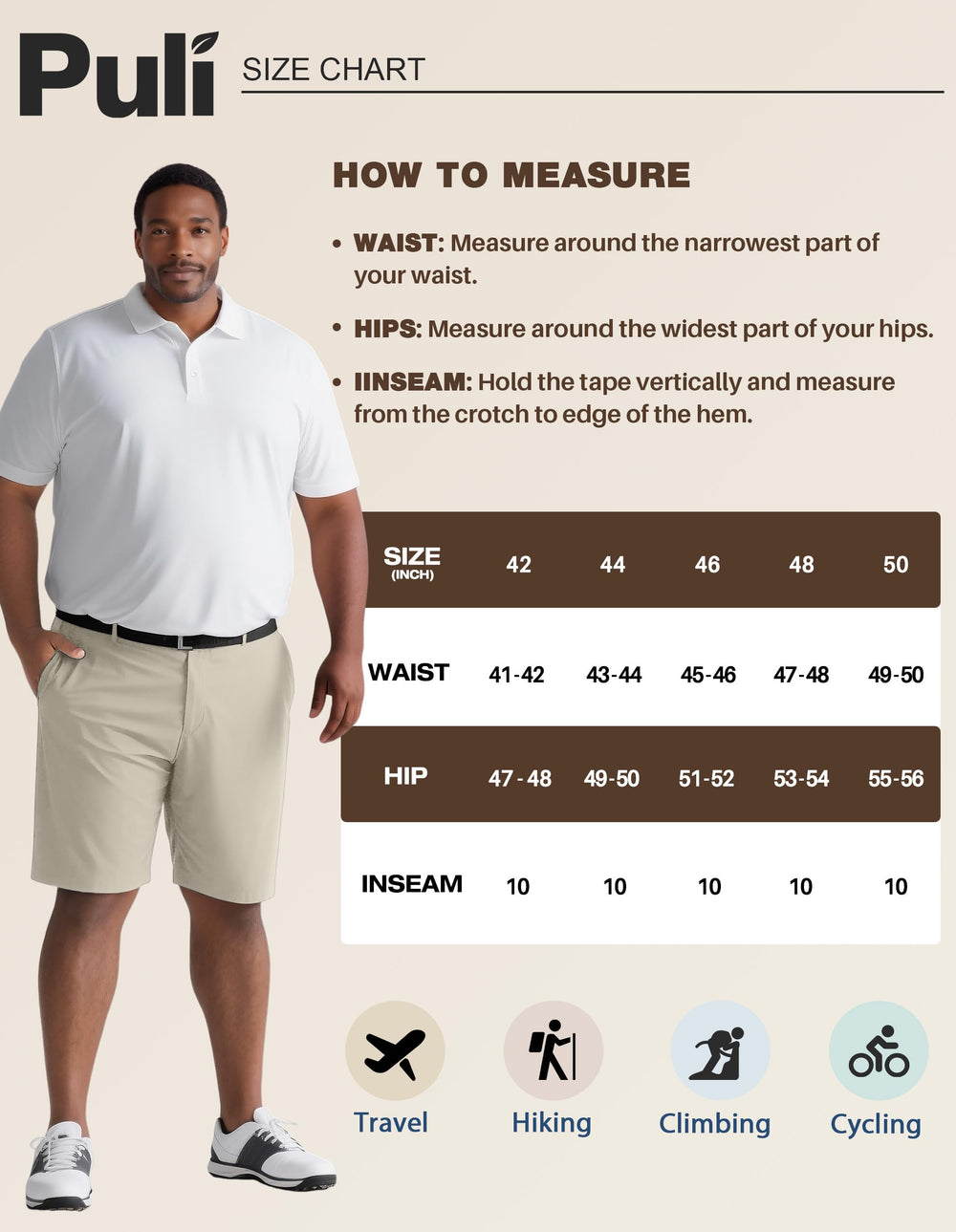 PULI khaki shorts full view suitable for versatile warm-weather wear