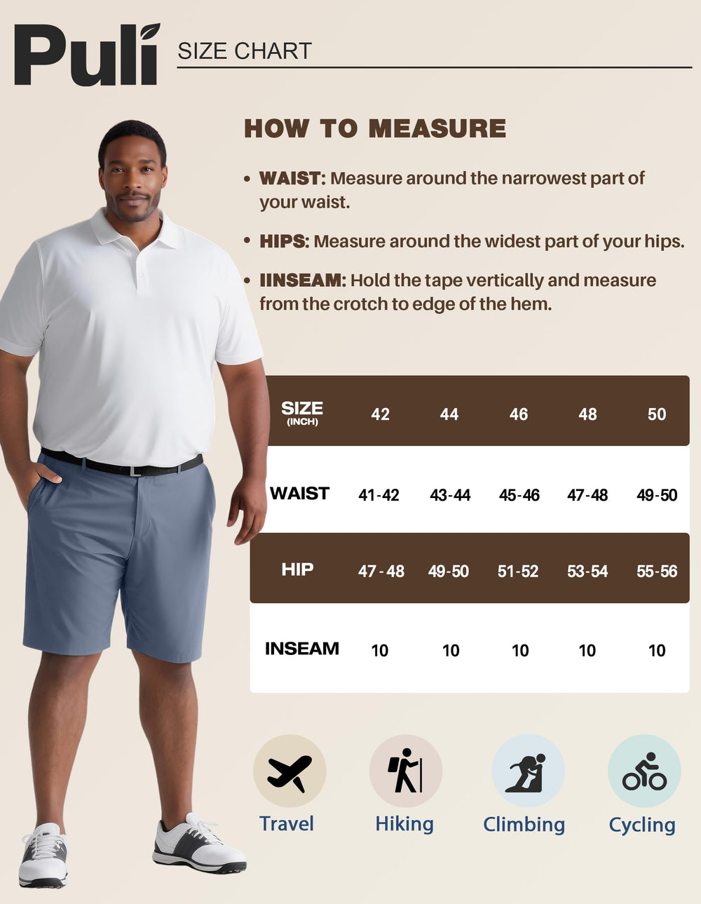PULI big and tall stretch shorts waist band demonstrates comfortable stretch