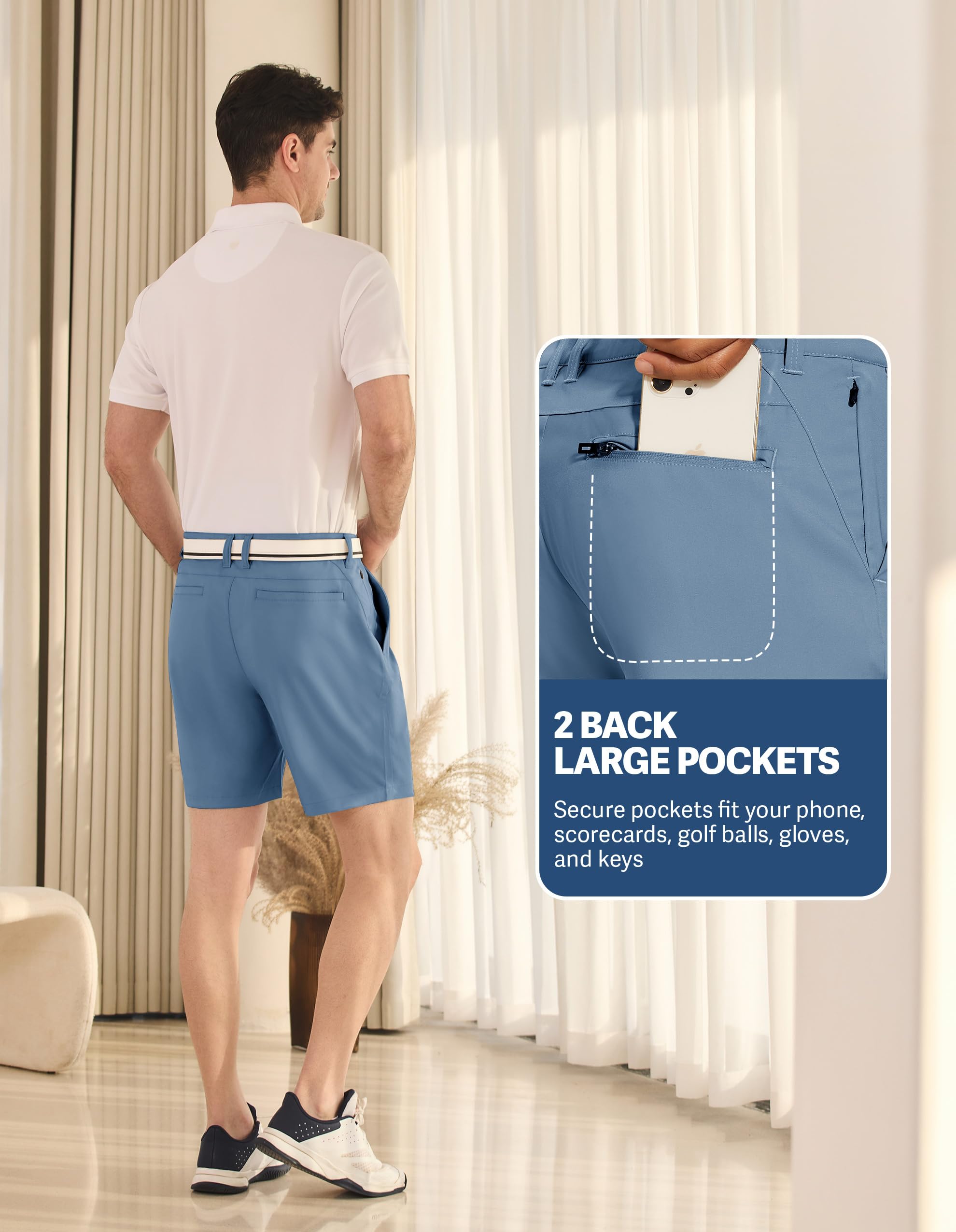 PULI golf shorts moisture-wicking fabric aids quick-dry performance during long rounds.