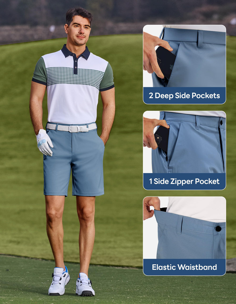 PULI shorts pocket layout front view highlights secure storage for phones and golf balls.