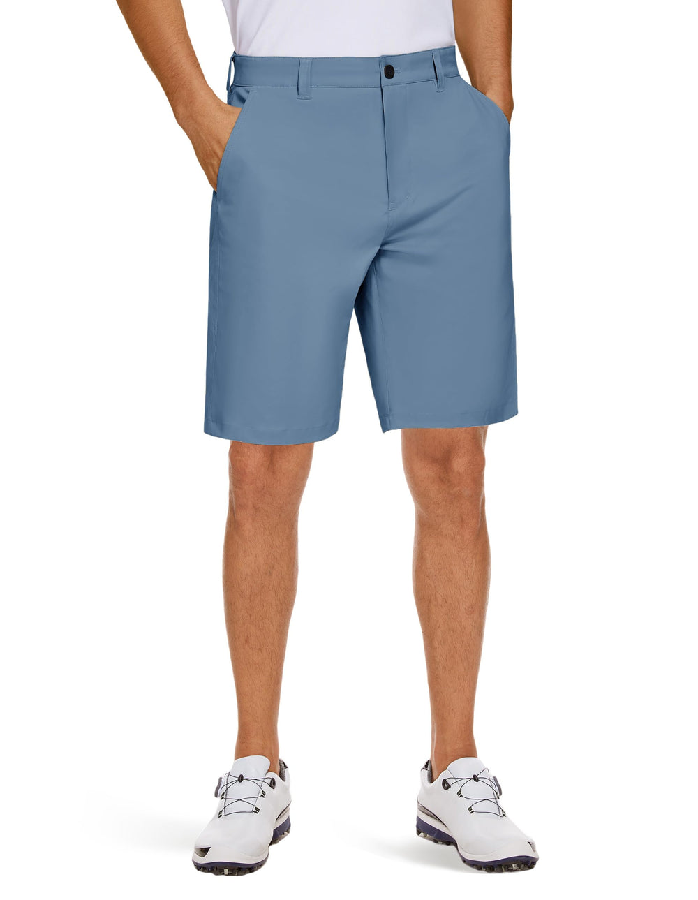 PULI men's golf shorts waistband close-up emphasizing stretch for improved range of motion.