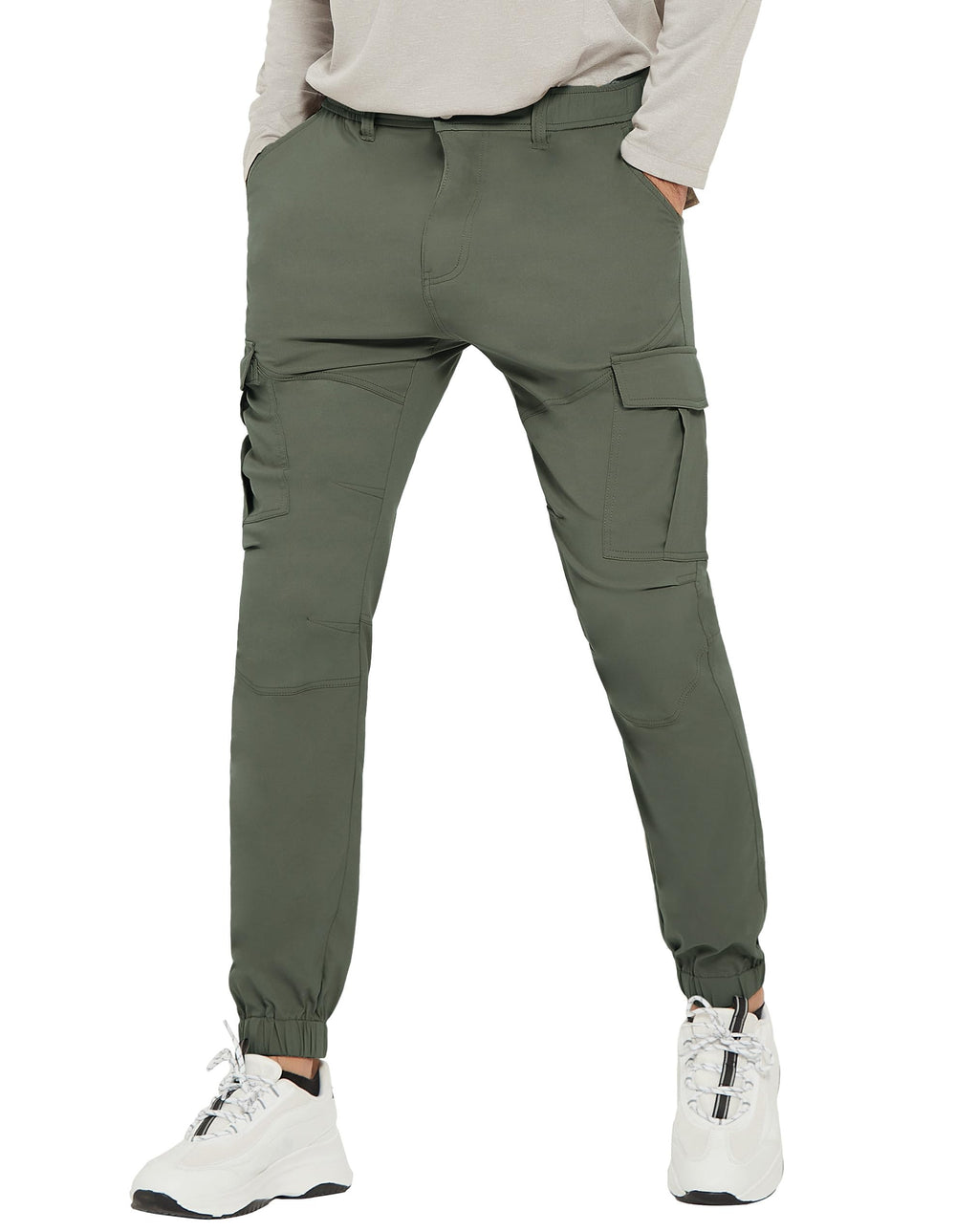 PULI men's hiking pants army green front view shows slim fit and full range of motion