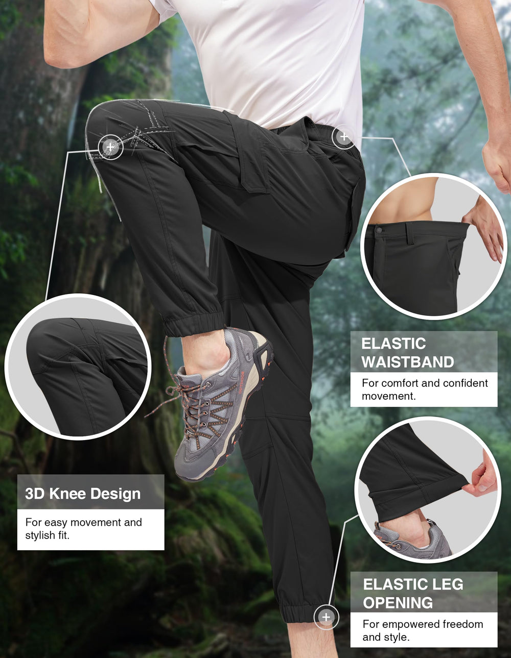 PULI men's hiking pants articulated knees for flexible movement on trails.