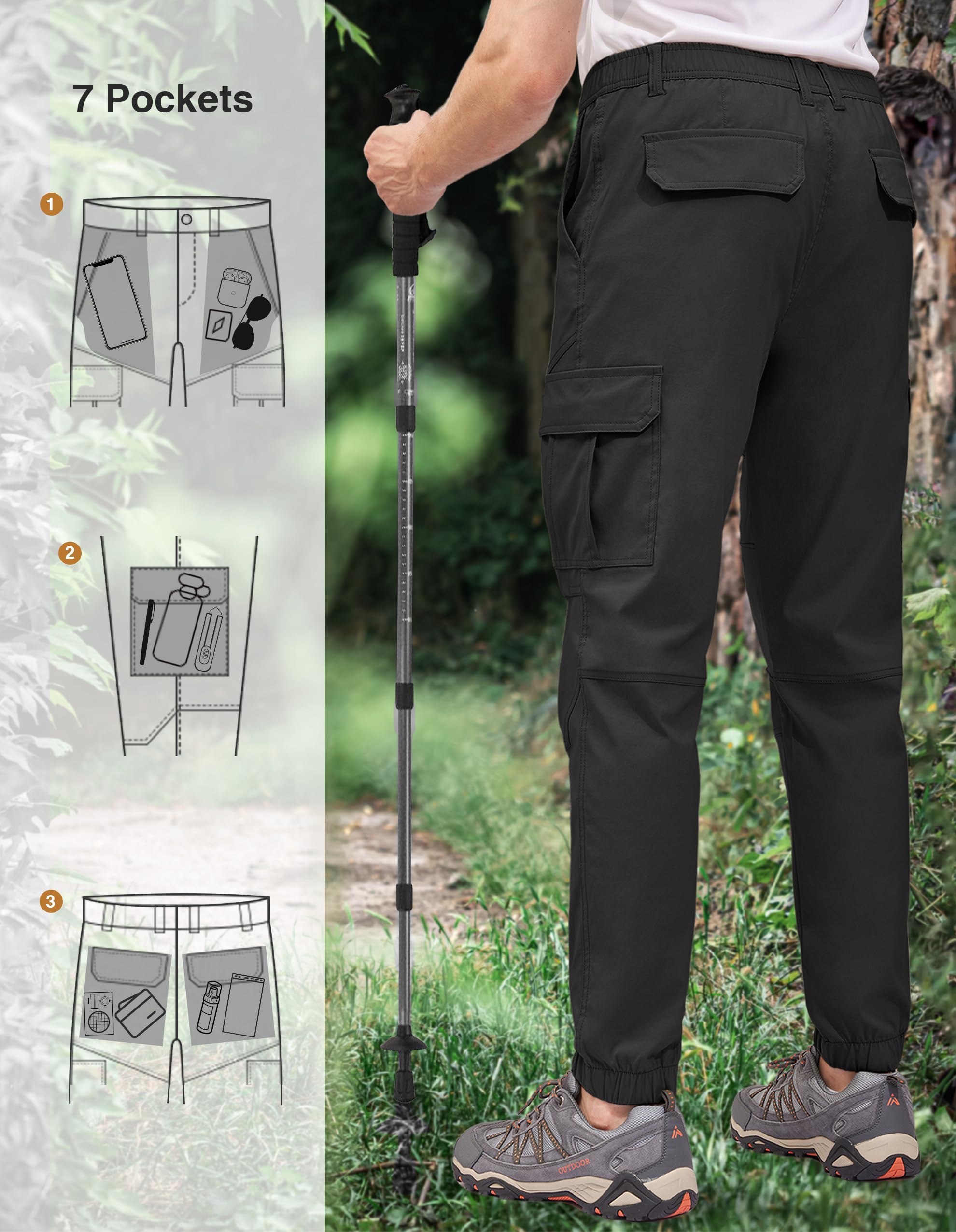 PULI men's hiking pants elastic waistband for comfortable all-day wear.