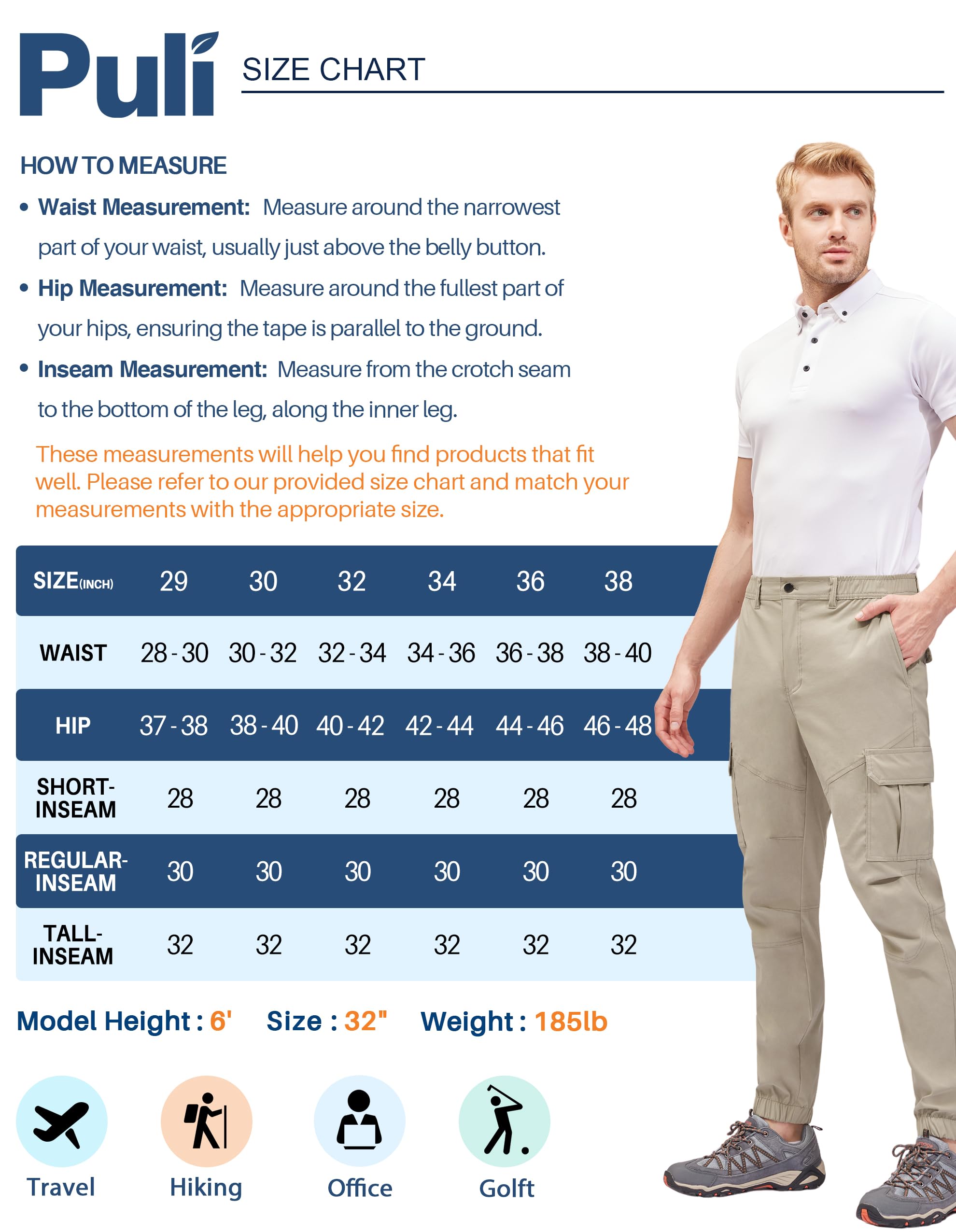 PULI men's hiking pants quick-dry material reduces moisture for fast drying after rain.