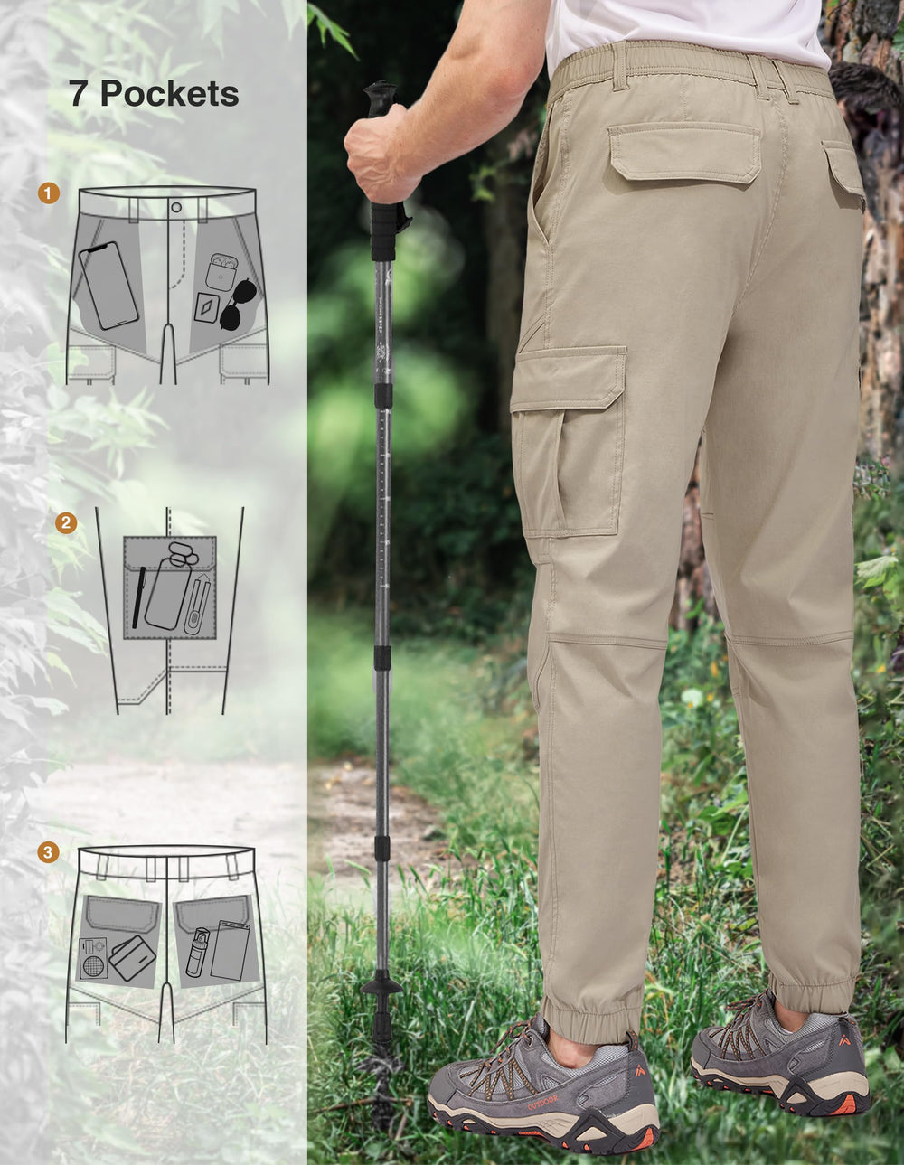PULI hiking pants side pocket view showing organized seven pockets