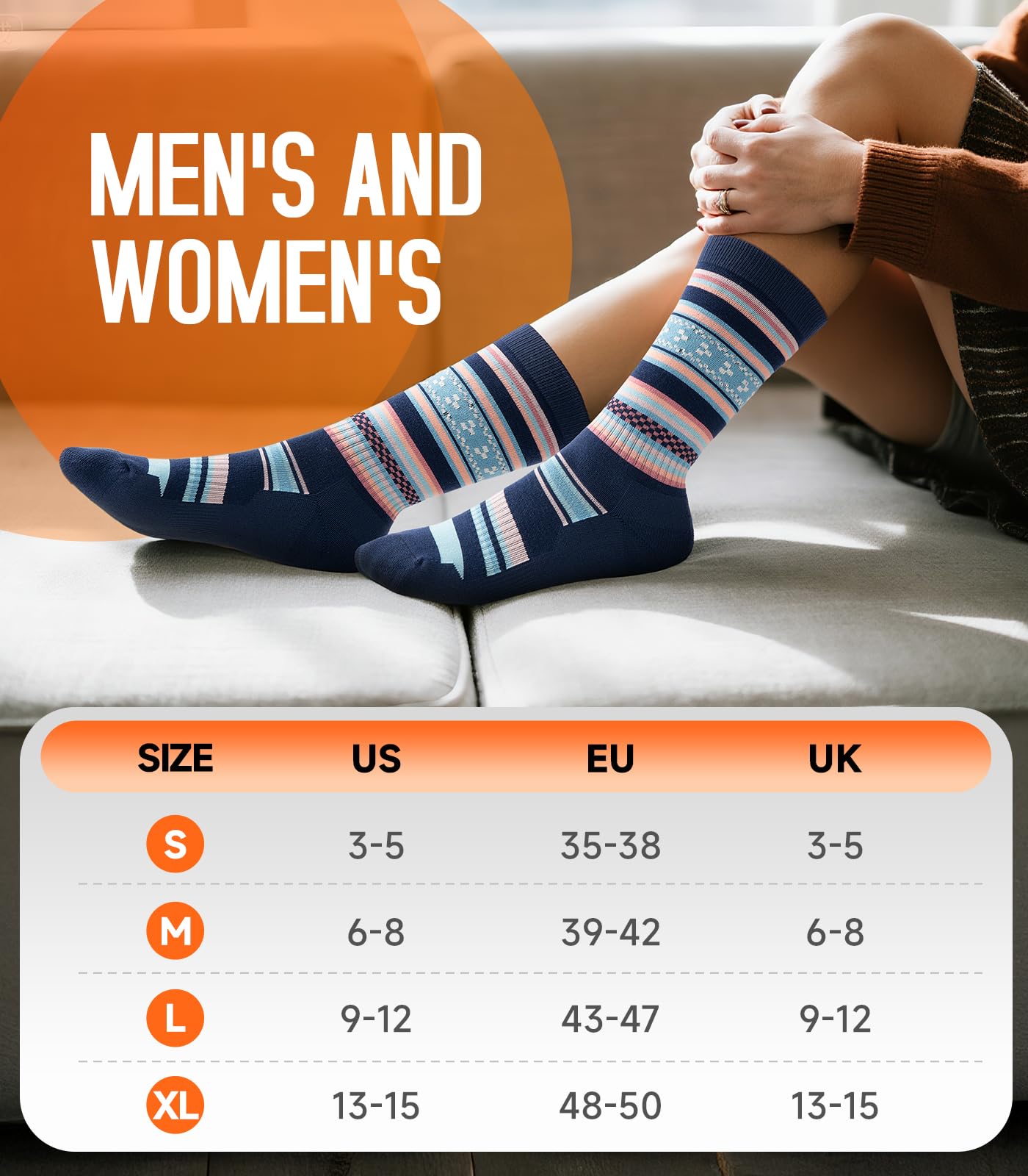 PULIOU Merino socks size-guide image focusing on S-XL fit options
