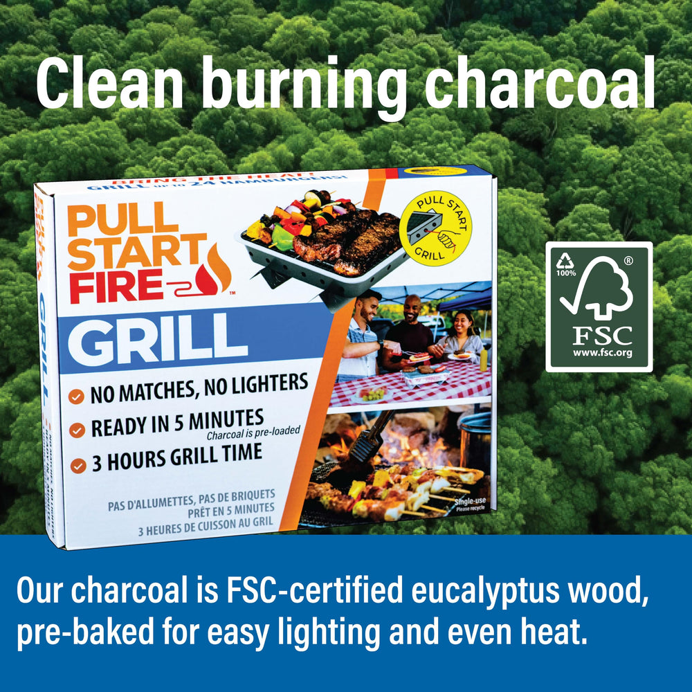 Pull Start Fire Grill delivers 3-hour burn with even heat.