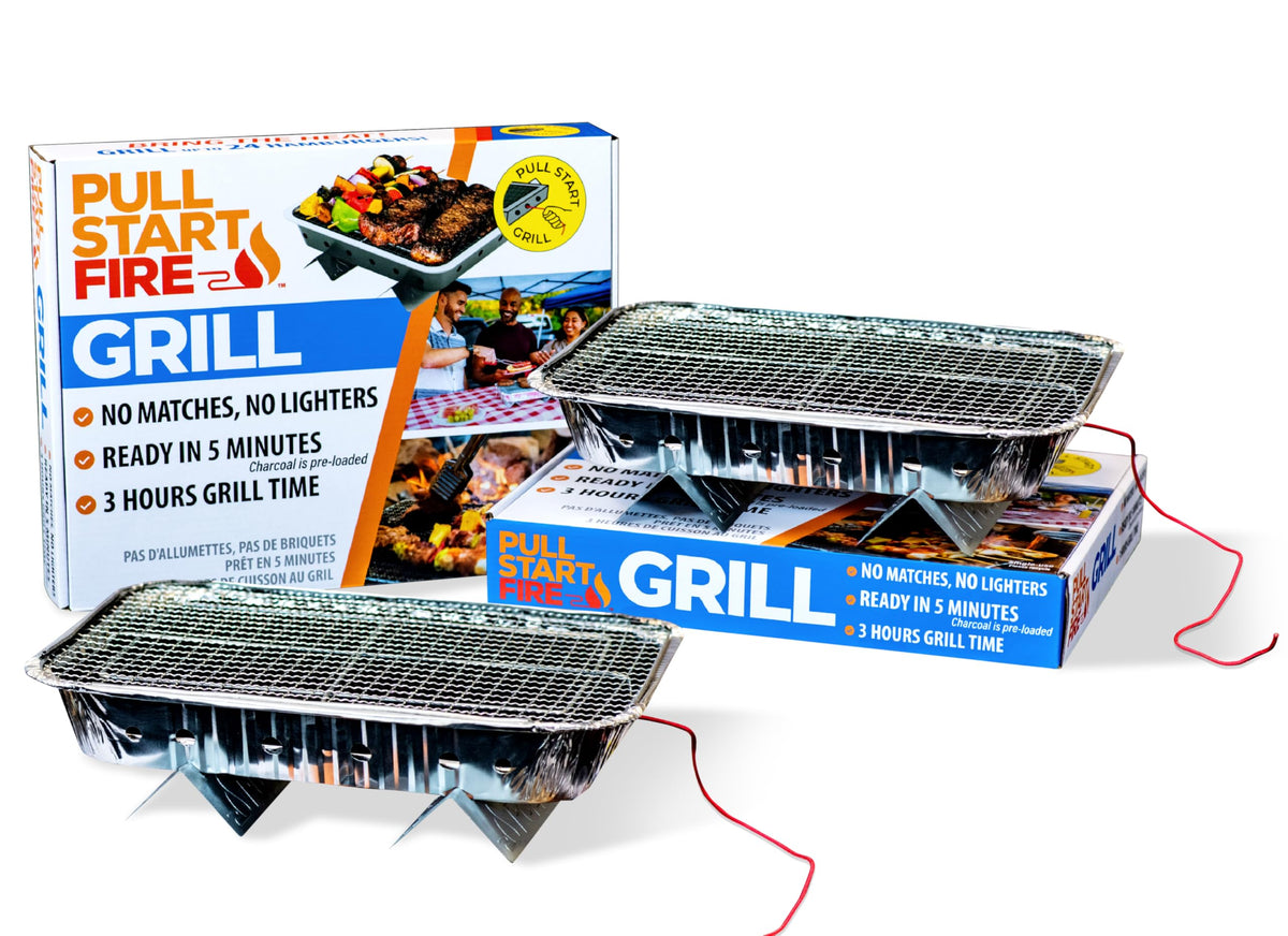 Pull Start Fire Grill ignition moment, fast start for outdoor cooking.
