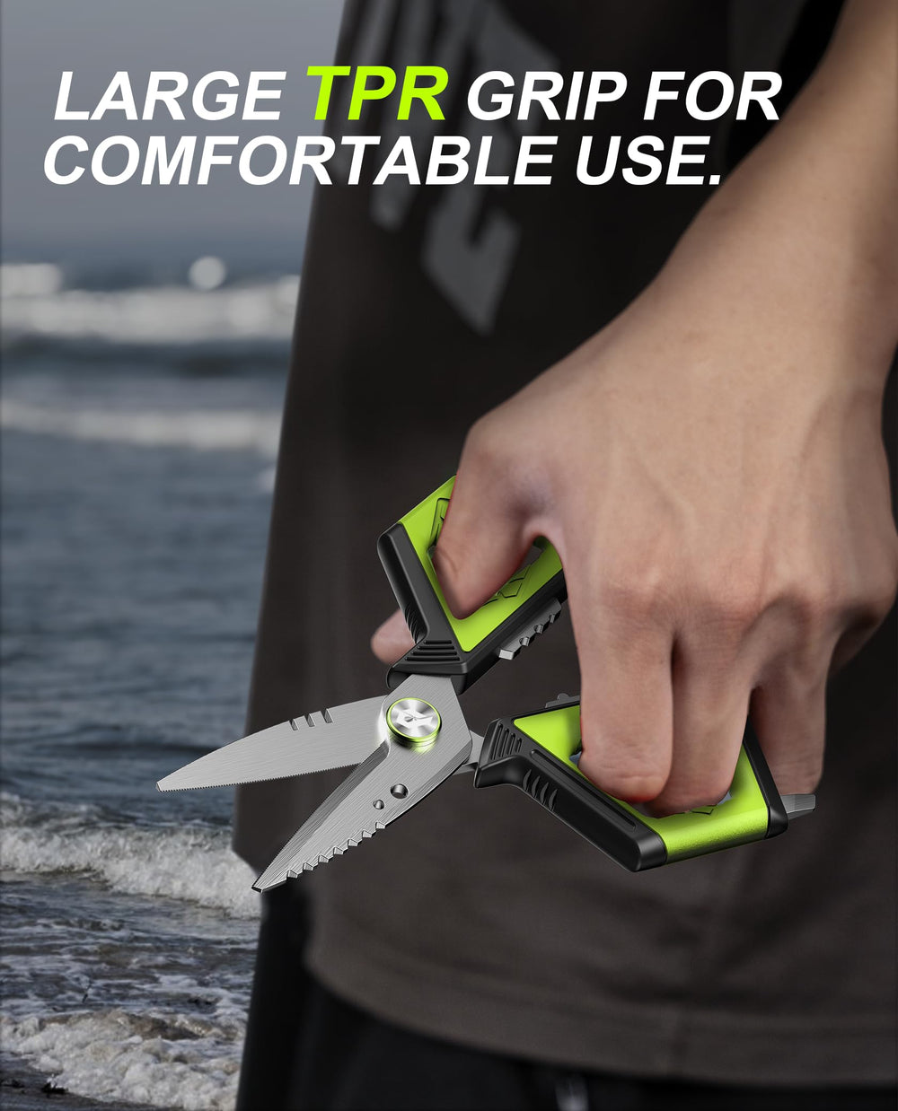 Oversized non-slip grip handles on Pullther scissors