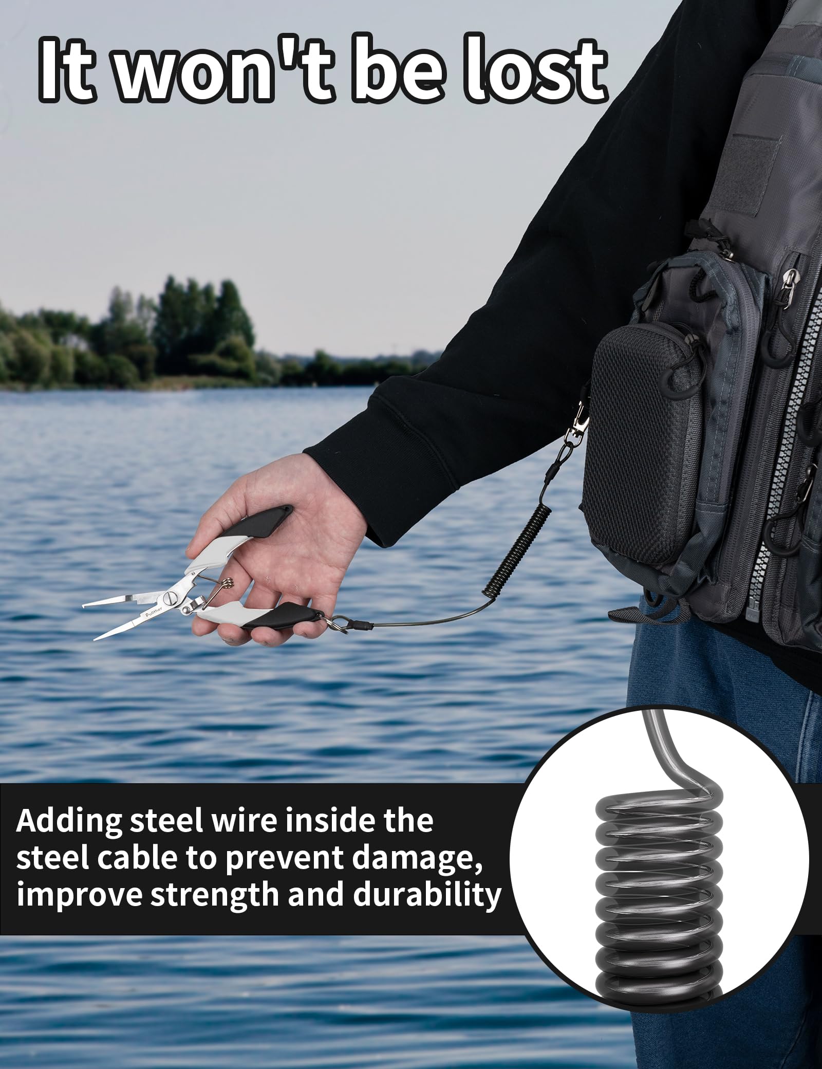 Compact 6.5-inch fishing pliers displayed with belt clip