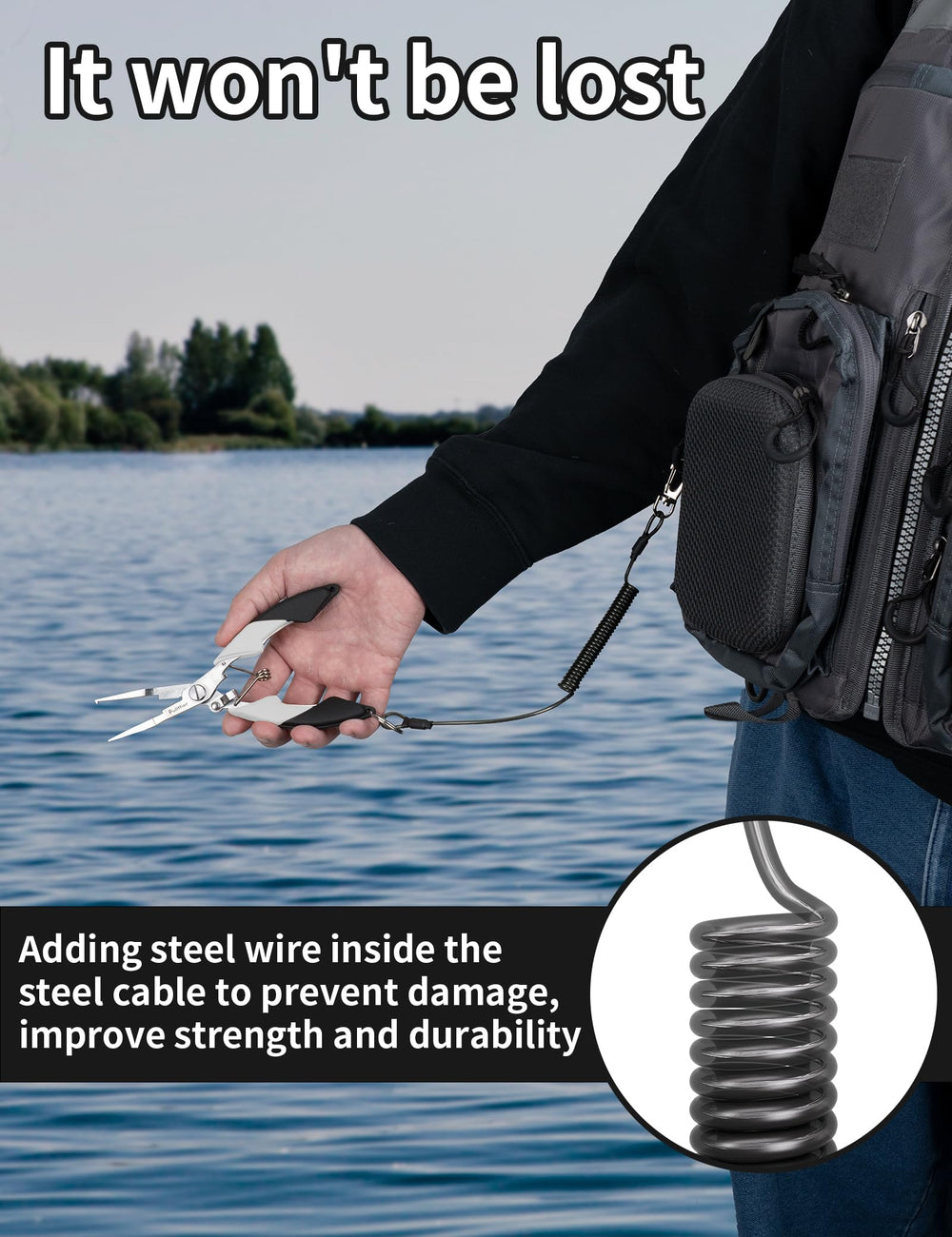 Compact 6.5-inch fishing pliers displayed with belt clip