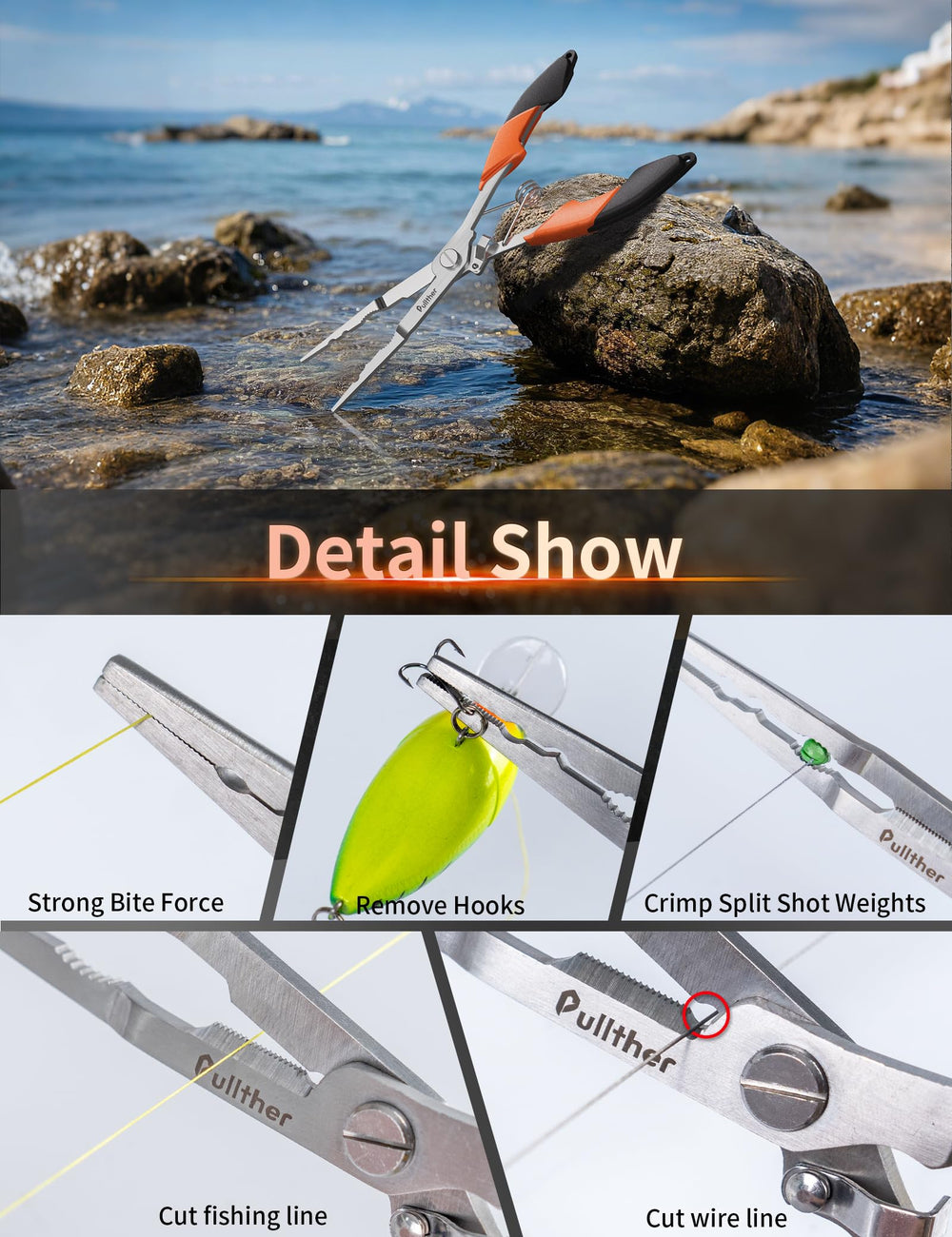 Stainless steel fishing tools and multitool for saltwater and freshwater
