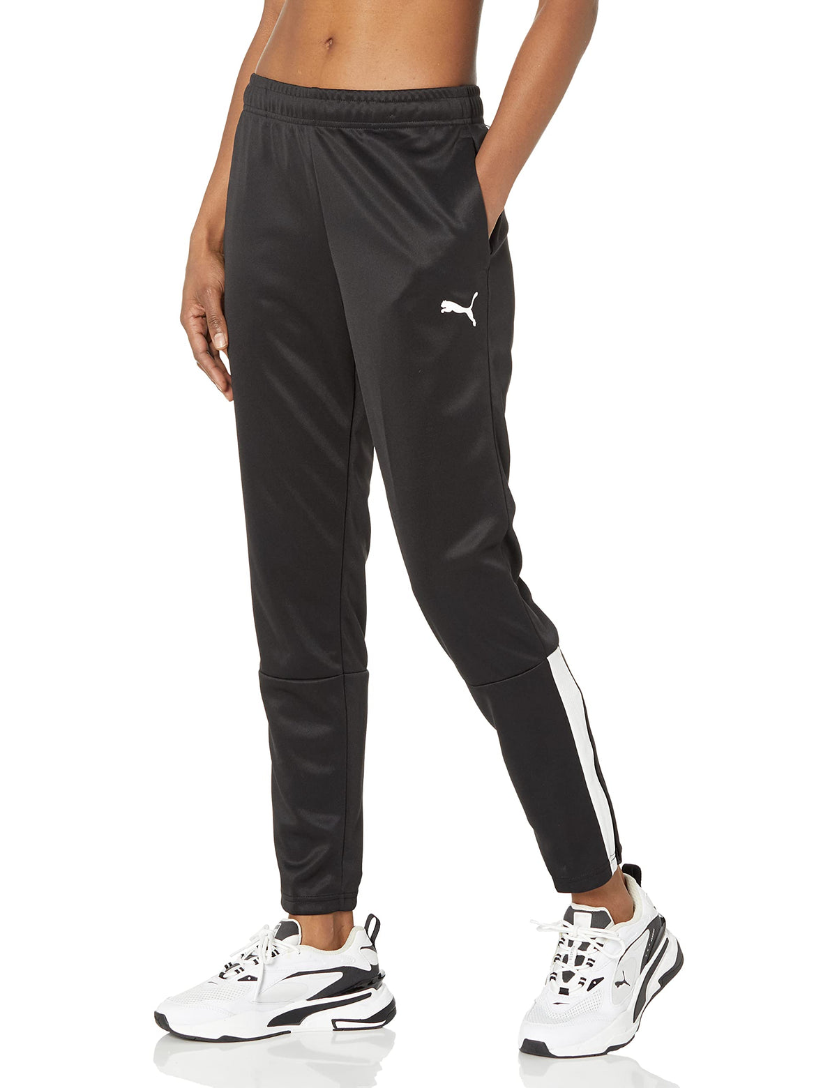 PUMA Teamliga training pants side view in black and white, moisture-wicking comfort for workouts.
