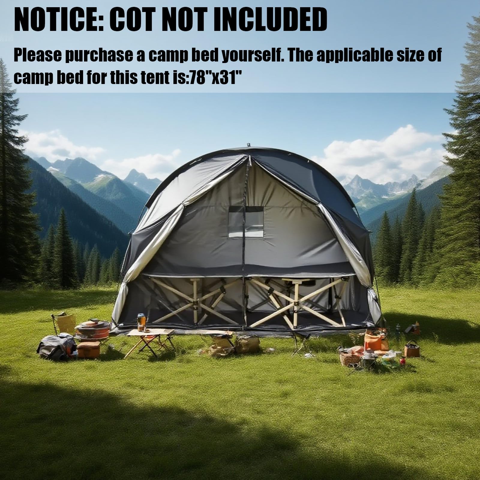 Pumbba cot tent shows screen windows enabling ventilation and privacy