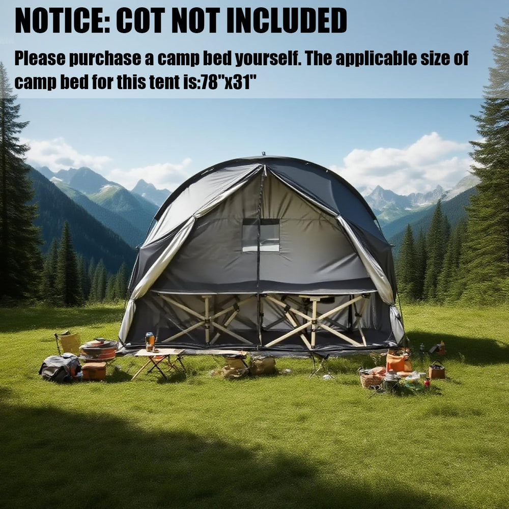 Pumbba cot tent shows screen windows enabling ventilation and privacy
