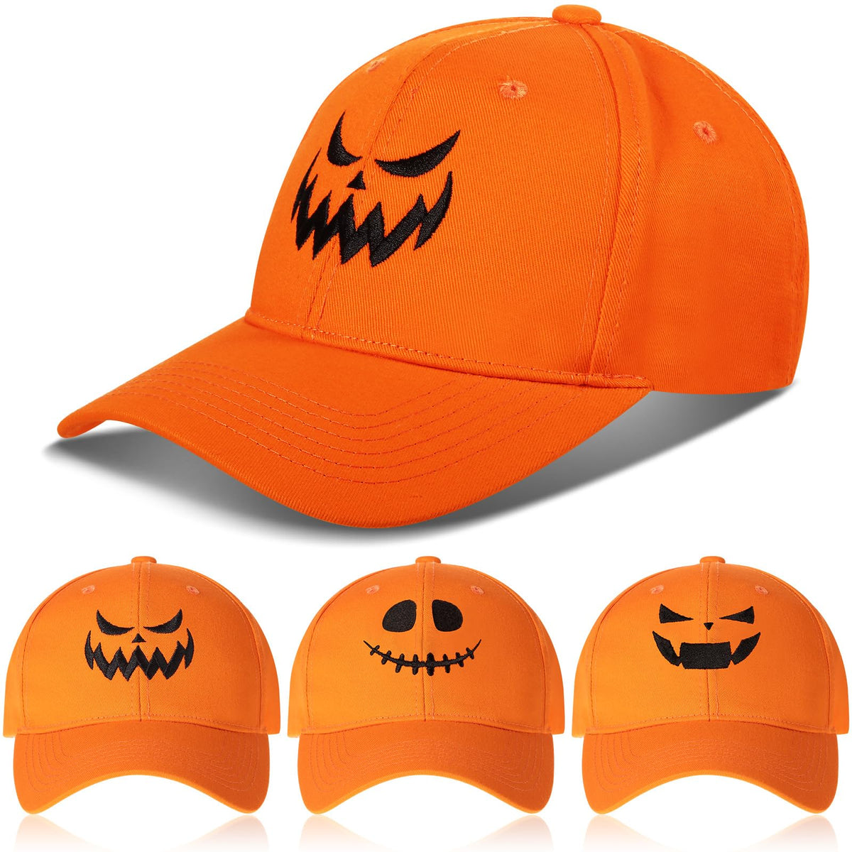Orange Halloween pumpkin baseball cap with embroidered face - front view