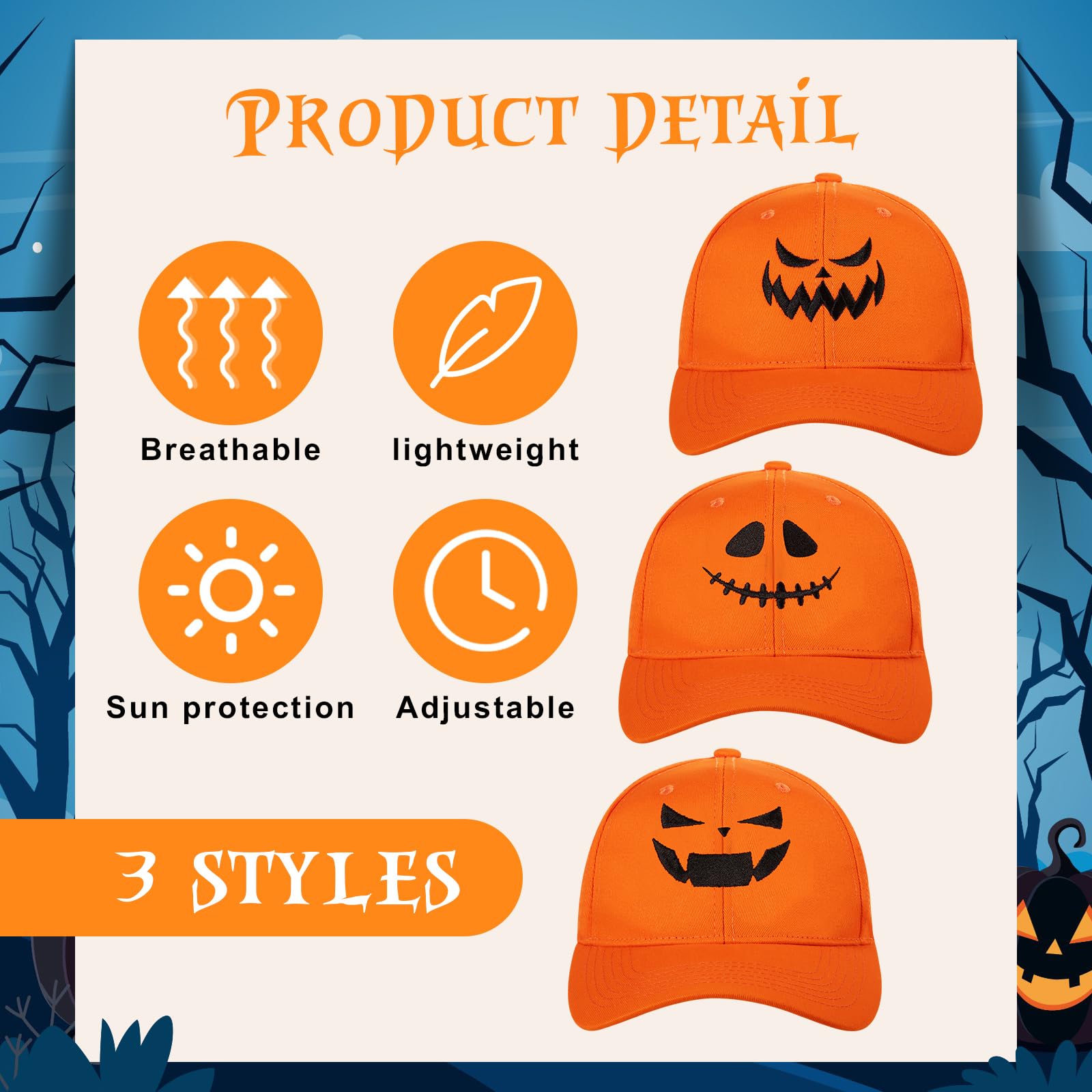 Close-up of embroidered pumpkin face on orange cap