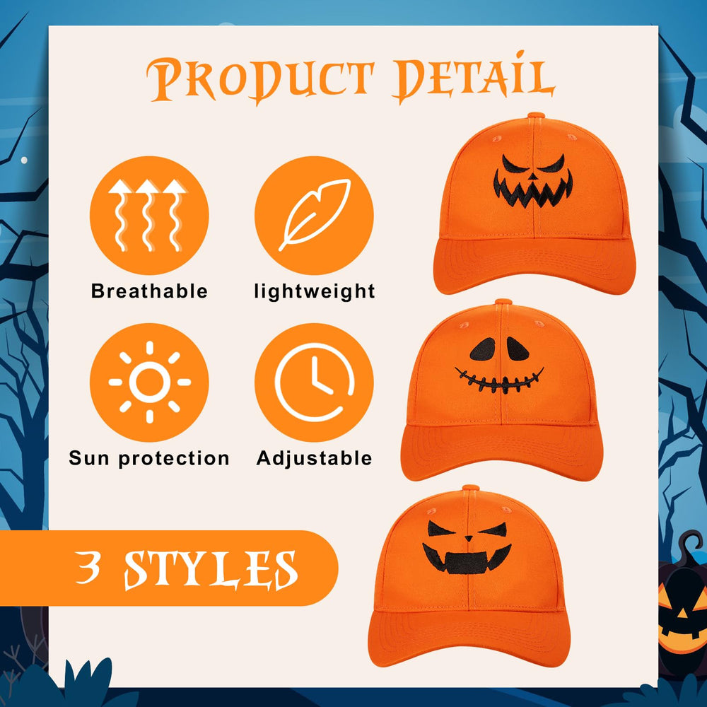 Close-up of embroidered pumpkin face on orange cap