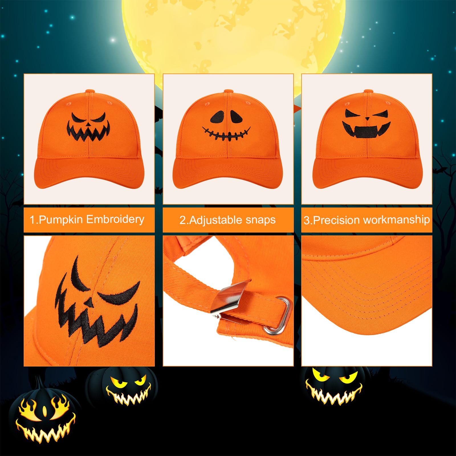 Orange and black pumpkin caps side-by-side - two color design