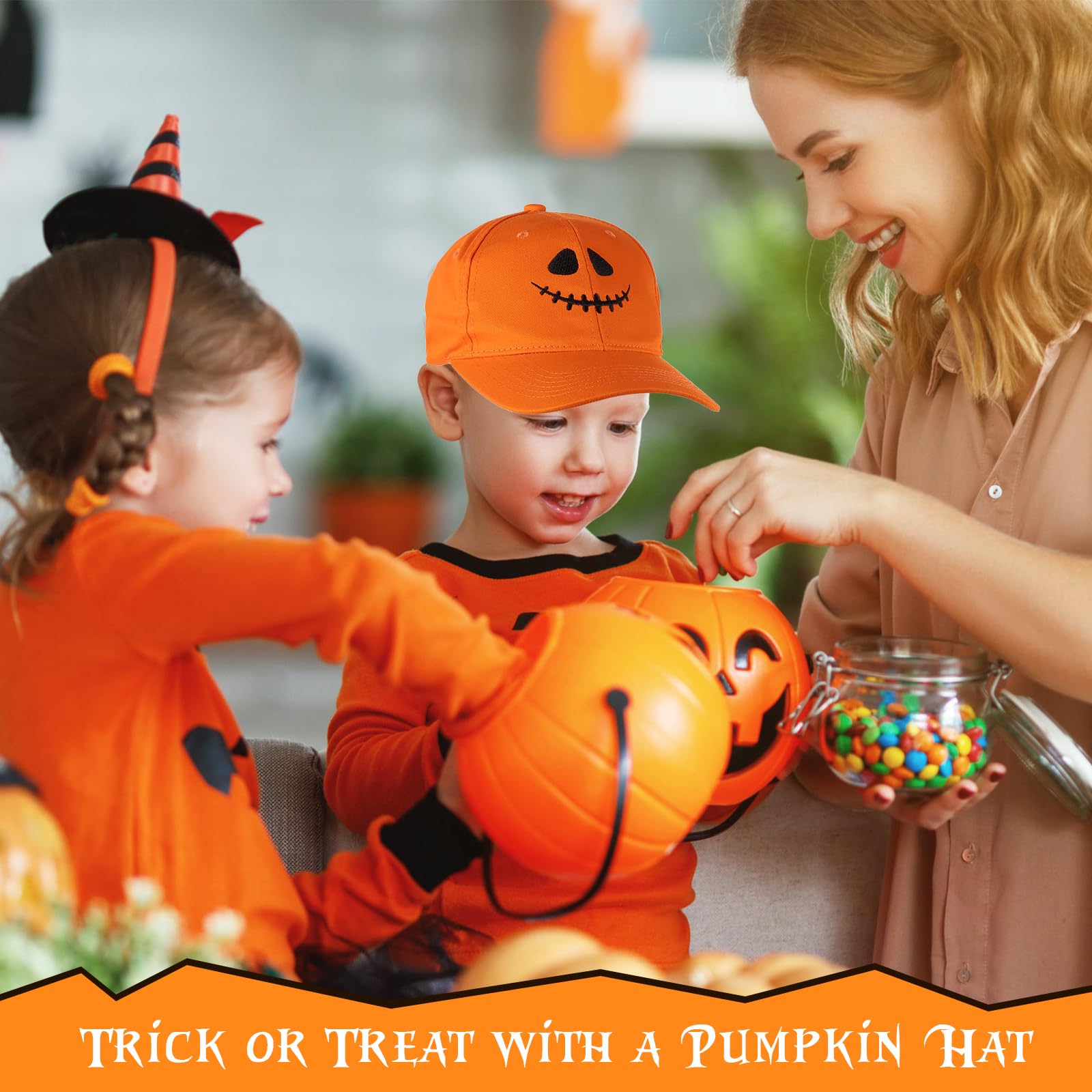 Three-piece set of Halloween pumpkin caps displayed for daily wear and party decoration