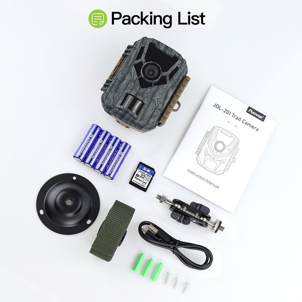 Punvoe trail camera bundle including four batteries and memory card