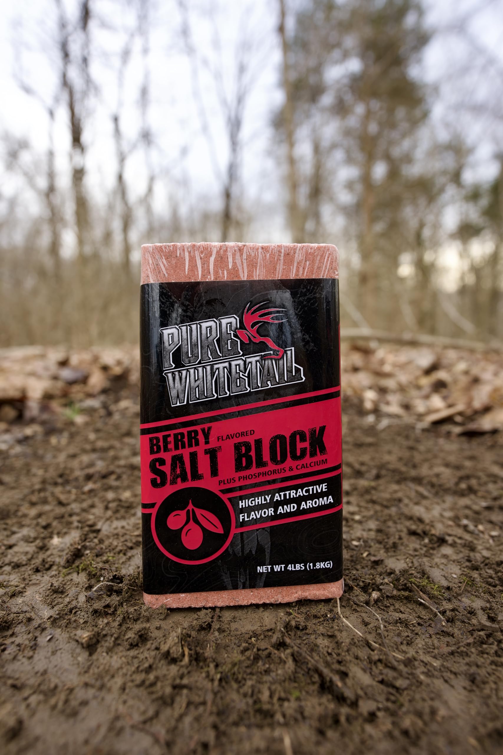 Pure Whitetail Berry Salt Block beside deer trail attracting visits