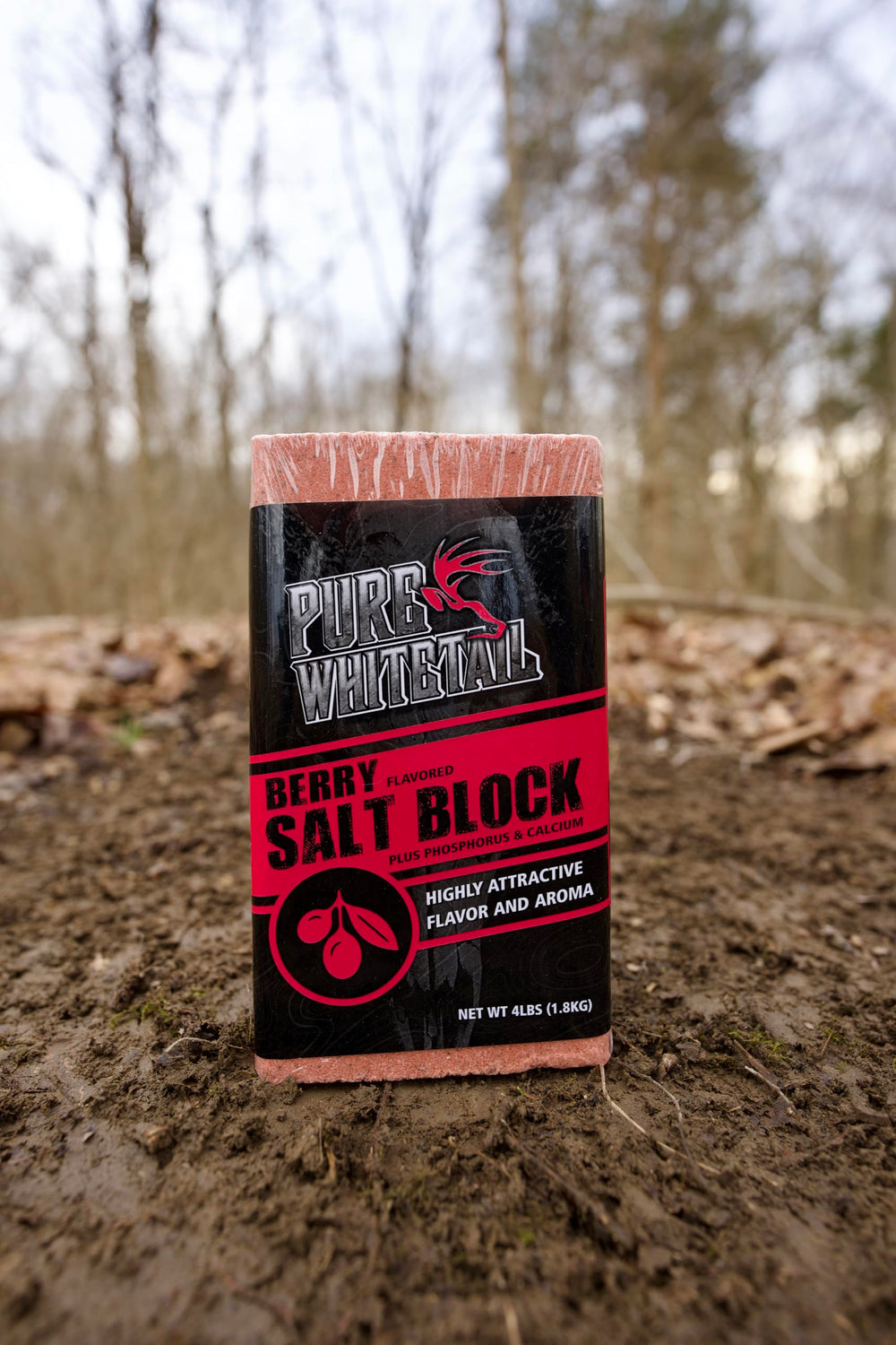 Pure Whitetail Berry Salt Block beside deer trail attracting visits