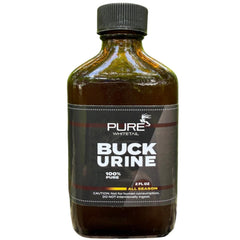 Pure Whitetail Buck Urine in amber bottle close-up for authentic mock scrape scent