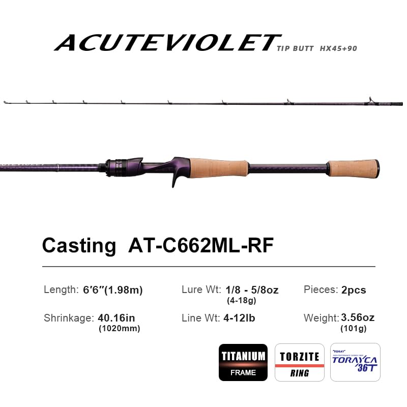 PureLure Acuteviolet TORAY 36T carbon fiber for lightweight, sensitive performance.