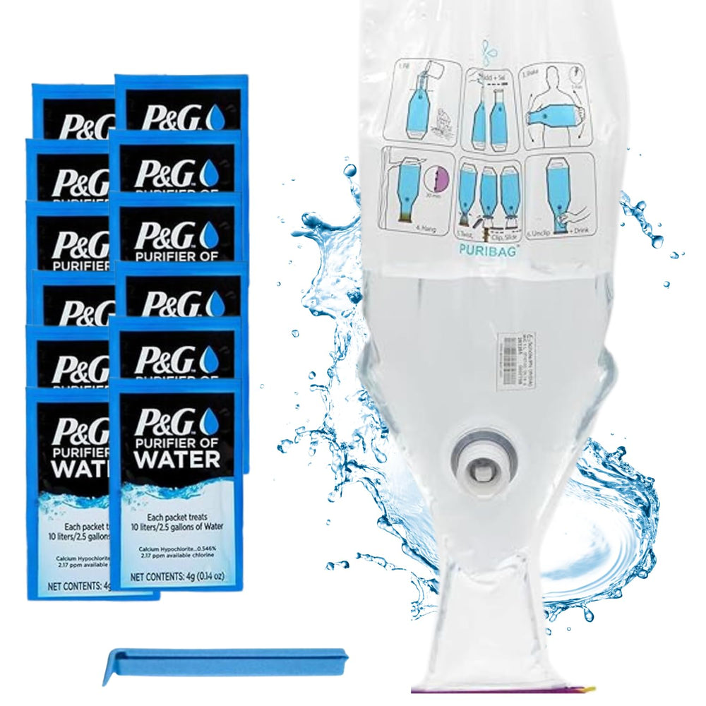 Puribag gravity water filter pouch hanging; lightweight camping purifier ready for on-the-go water