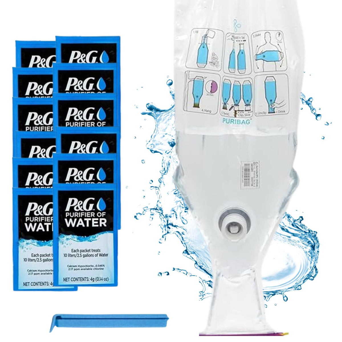Puribag gravity water filter pouch hanging; lightweight camping purifier ready for on-the-go water