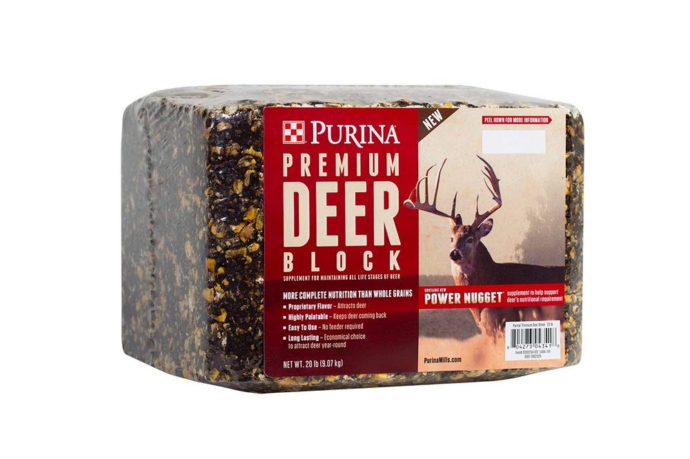 Purina water-resistant premium deer feed block close-up showing energy nugget that deer prefer