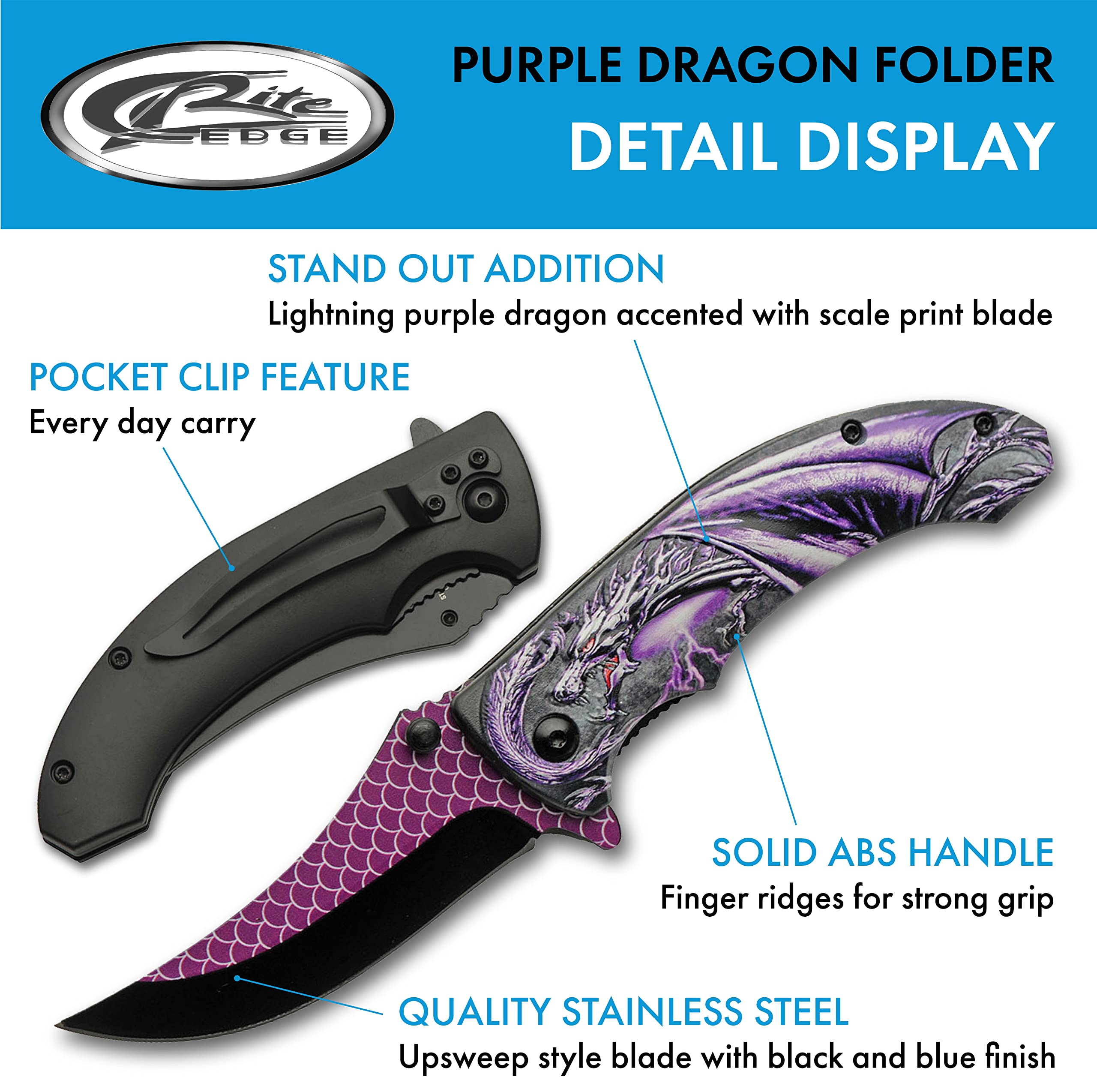 Close-up of purple dragon decal on handle and dragon scale blade print