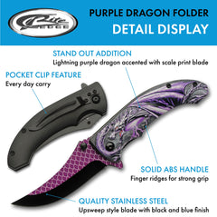 Close-up of purple dragon decal on handle and dragon scale blade print
