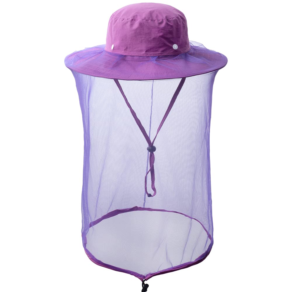 Purple fishing hat with hidden mosquito net - front view