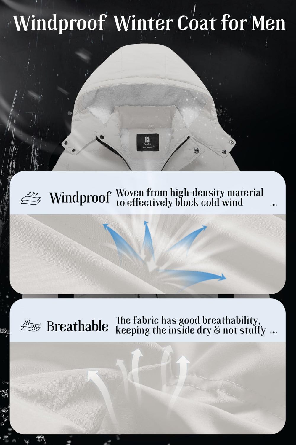 Pursky men's puffy jacket has diagonal pockets for secure storage on the go