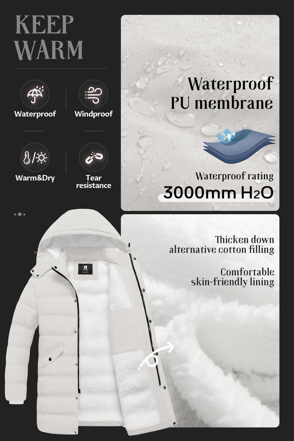 Pursky men's puffy jacket uses windproof placket and SBS zipper to block cold drafts