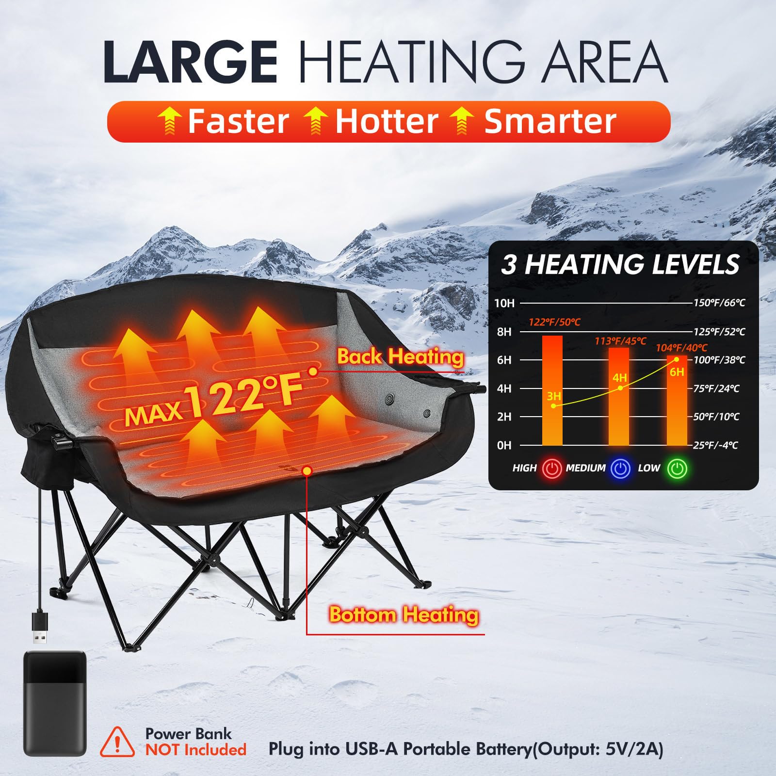 PUVASIA heated double camping chair cup-wine-storage convenient for tailgates and picnics