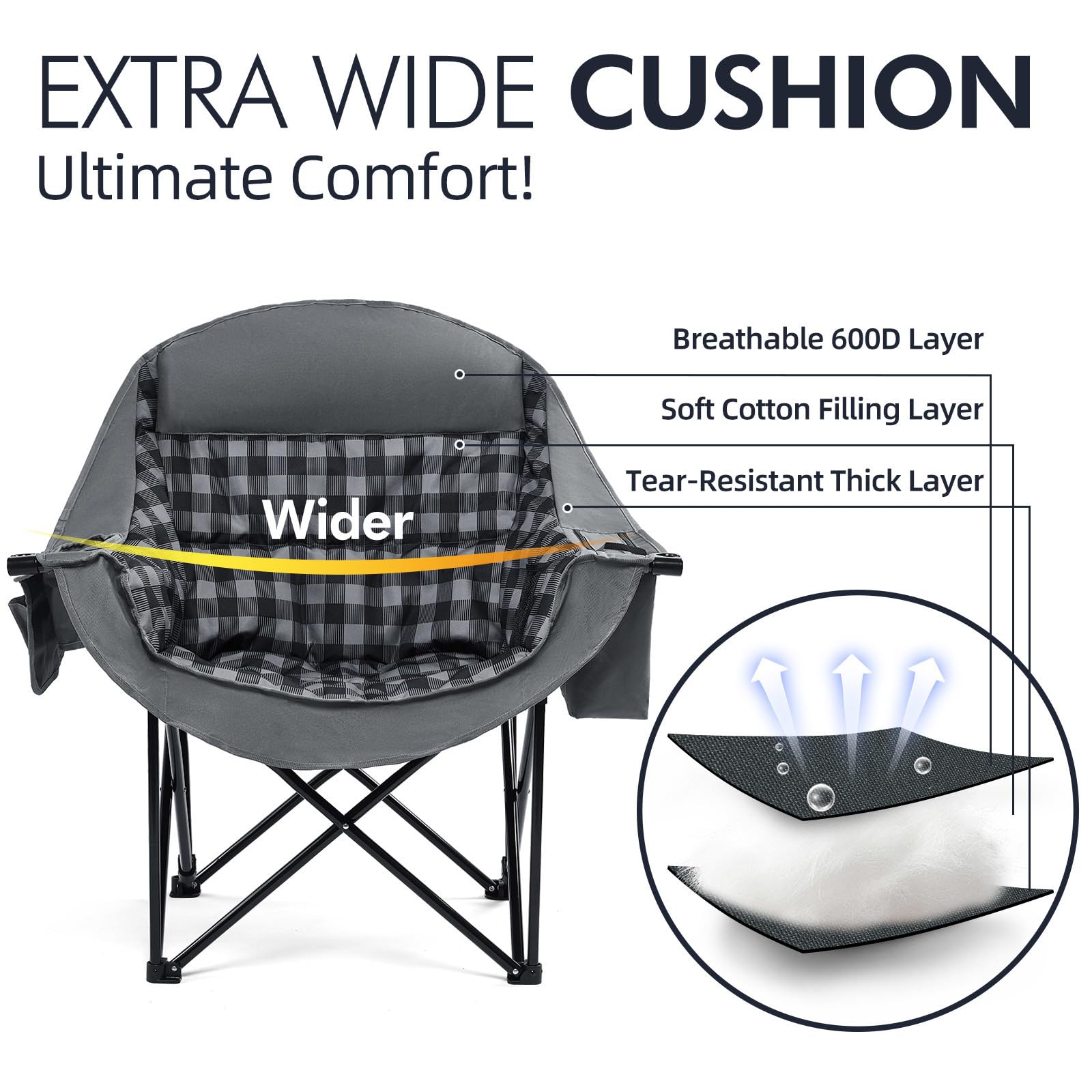 PUVASIA heavy-duty steel-frame chair shows reinforced X-frame with 500lb capacity for durable outdoor seating.