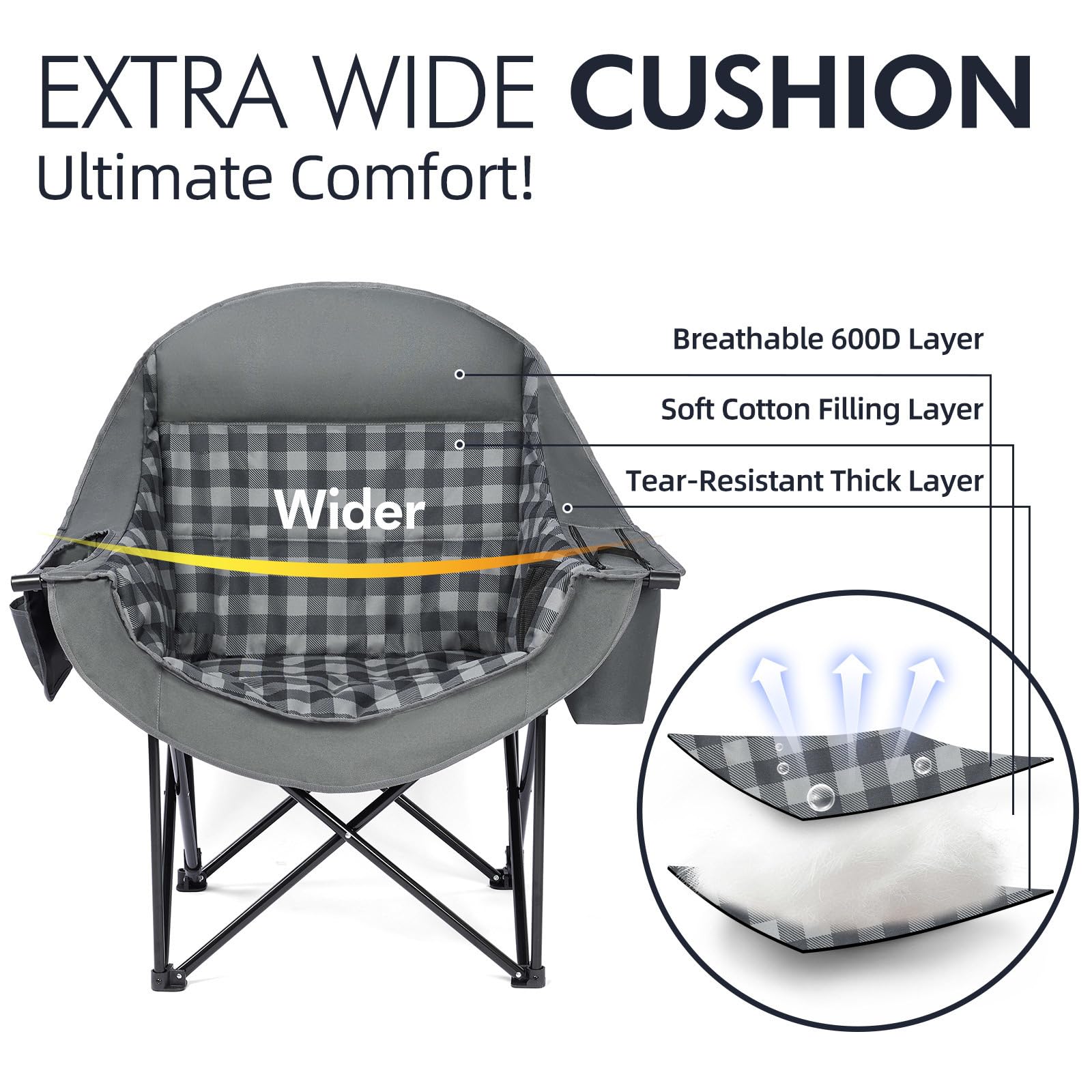 PUVASIA heavy-duty steel-frame chair shows reinforced X-frame with 500lb capacity for durable outdoor seating.