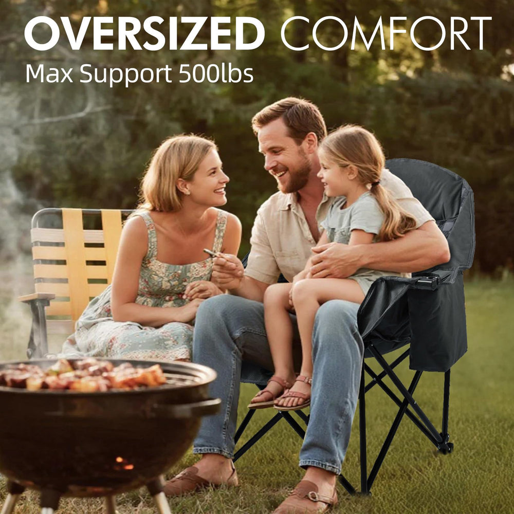PUVASIA oversized camping chair padded-headrest highlights ergonomic lumbar support for relaxed seating.