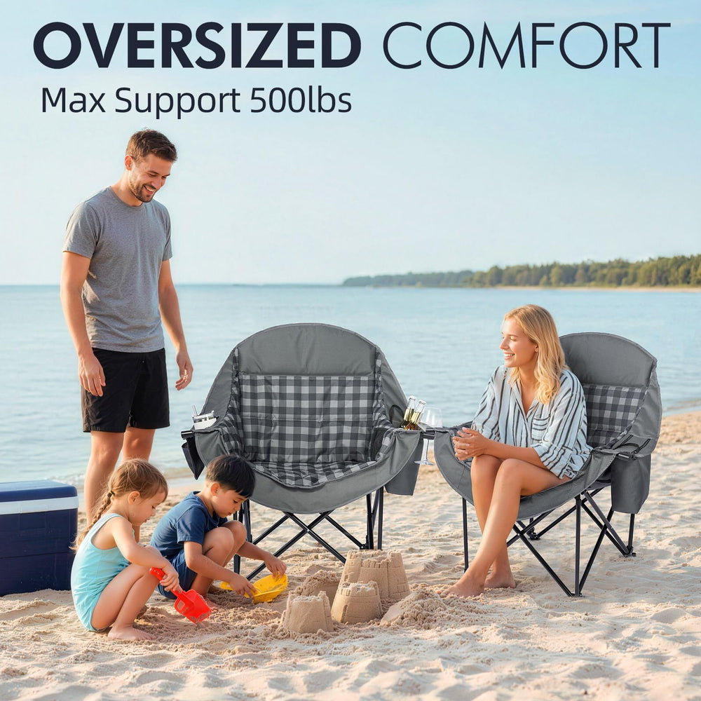 PUVASIA oversized camping chair padded-headrest highlights ergonomic lumbar support for relaxed seating.