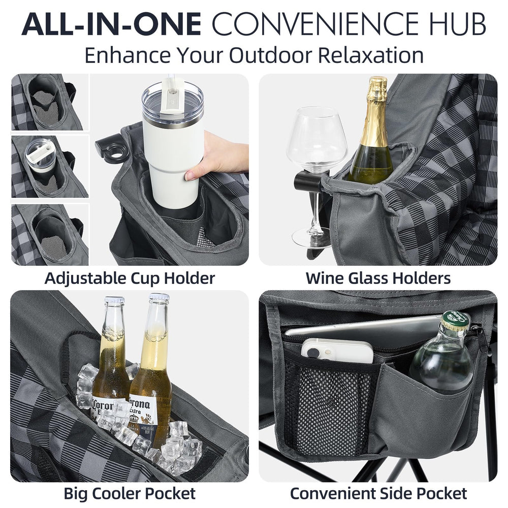 PUVASIA oversized chair storage pockets with insulated cooler bag keeps drinks within reach.